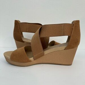 Dr. Scholl's Women's Barton Band Brown Fabric Wedge Sandals open toe,size 8.5